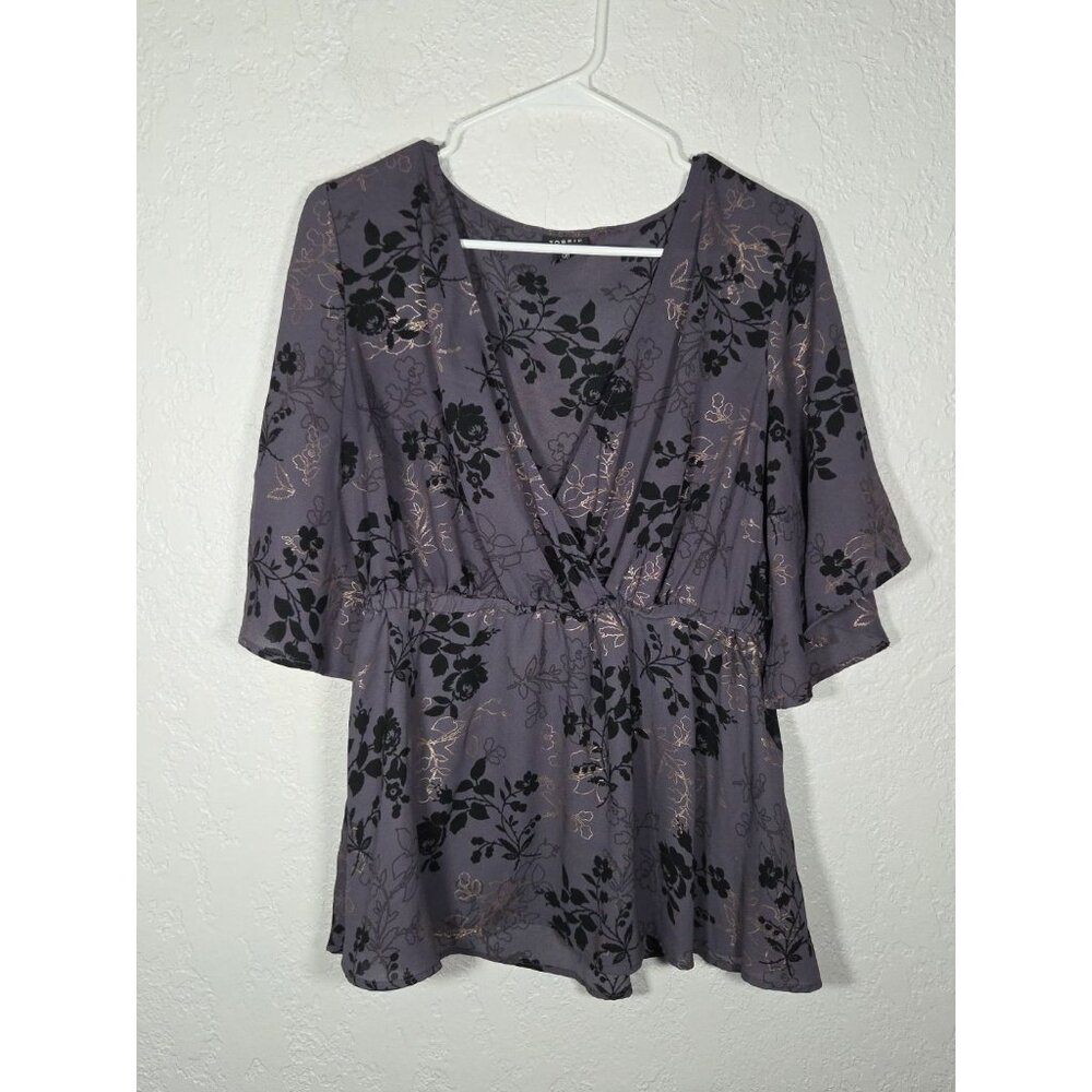 Torrid Peplum Chiffon Bell Sleeve Top Size 00 M/L Black Gold Blue